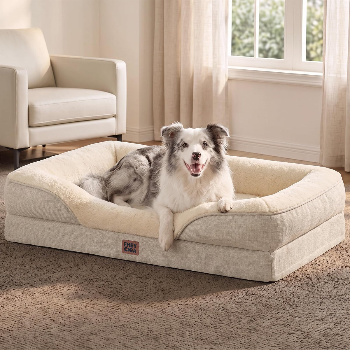 EHEYCIGA Orthopedic XL Dog Bed for Large Dog, Memory Foam Dog Couch, Beige