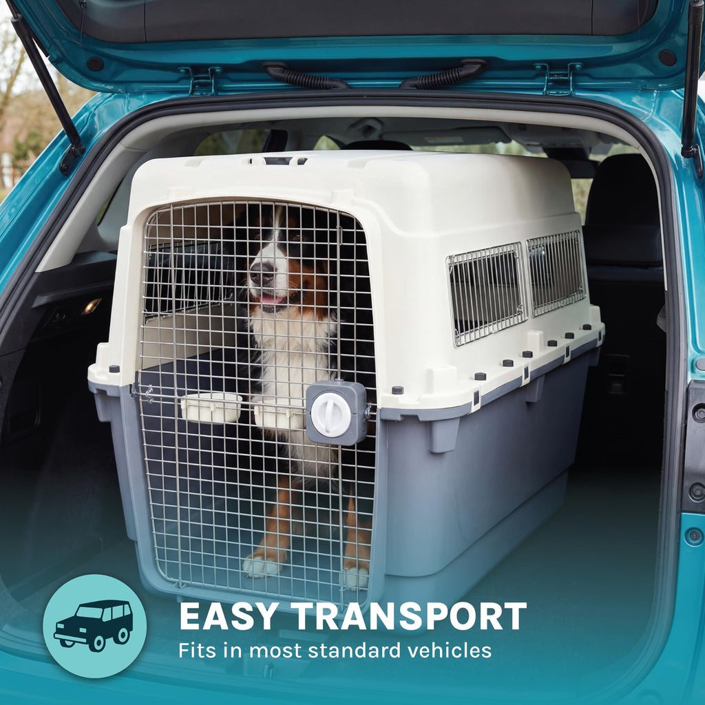 SportPet Airline Compliant XXX-LARGE 48" Travel Dog Kennel-Durable Plastic Airline Pet Carrier w/Removable Wheels & Food Bowls, Collapsible Indoor/Outdoor Dog Kennel, Dogs up to 44"L & 33"H-Cream/Gray