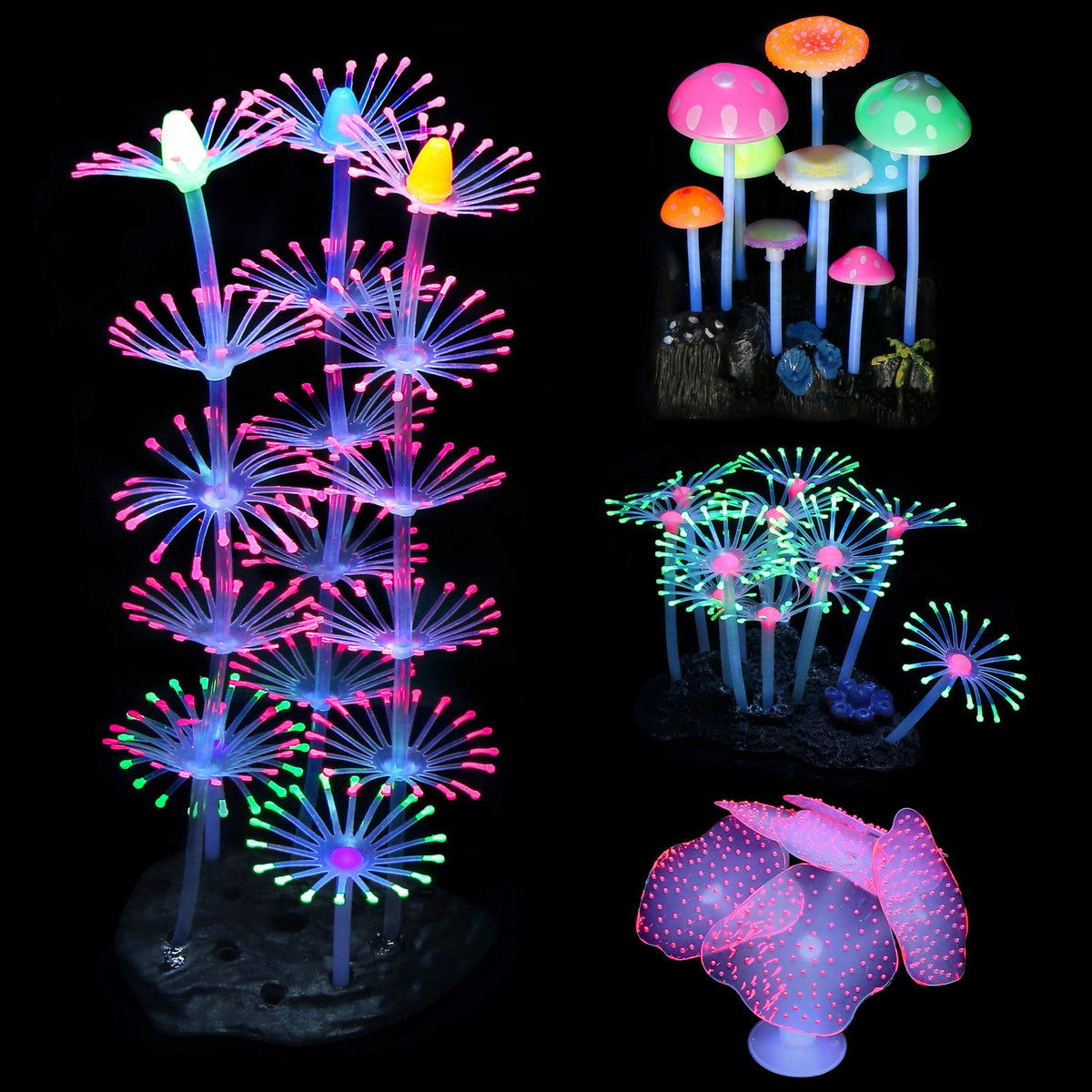 Lpraer 4 Pack Glow Aquarium Decorations Branch Coral Reef Mushroom Seaweed Simulation Glow Plant Glowing Effect Silicone for Fish Tank Decorations