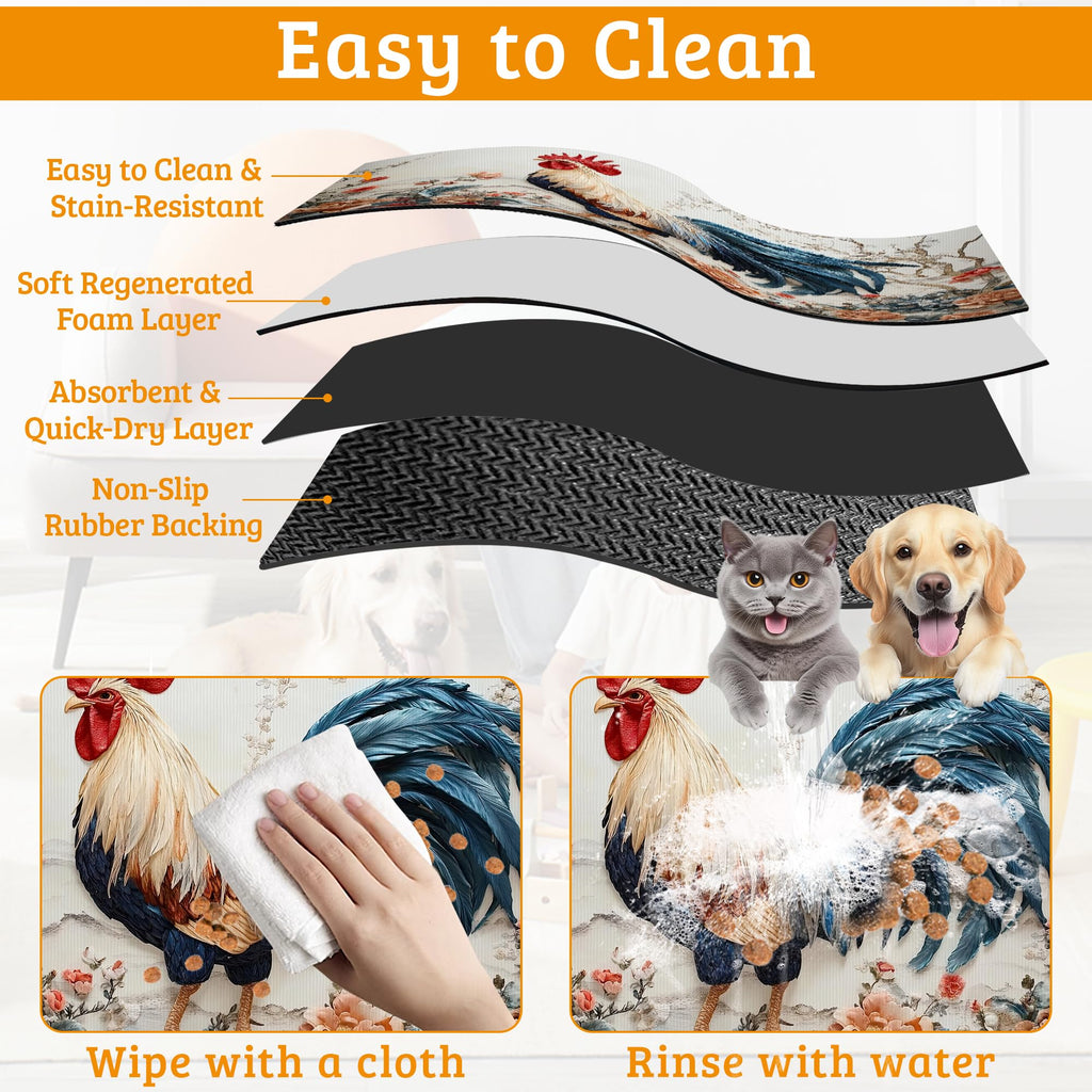 Dog Bowl Mat,Chicken Painting Pet Feeding Mat for Floors Waterproof,Flowers Absorbent Dogs Placemat for Food and Water Quick Dry Pet Cat Feeding Mats with Non Slip Bottom 16" x 24"
