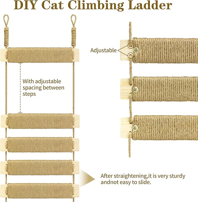 Multi-Functional Cat Ladder & Bridge - Sisal Rope Climbing Frame Wall Furniture for Indoor/Outdoor Cats, Cage Accessories, Parrots, Small Pets (Wood Tone - 40in)