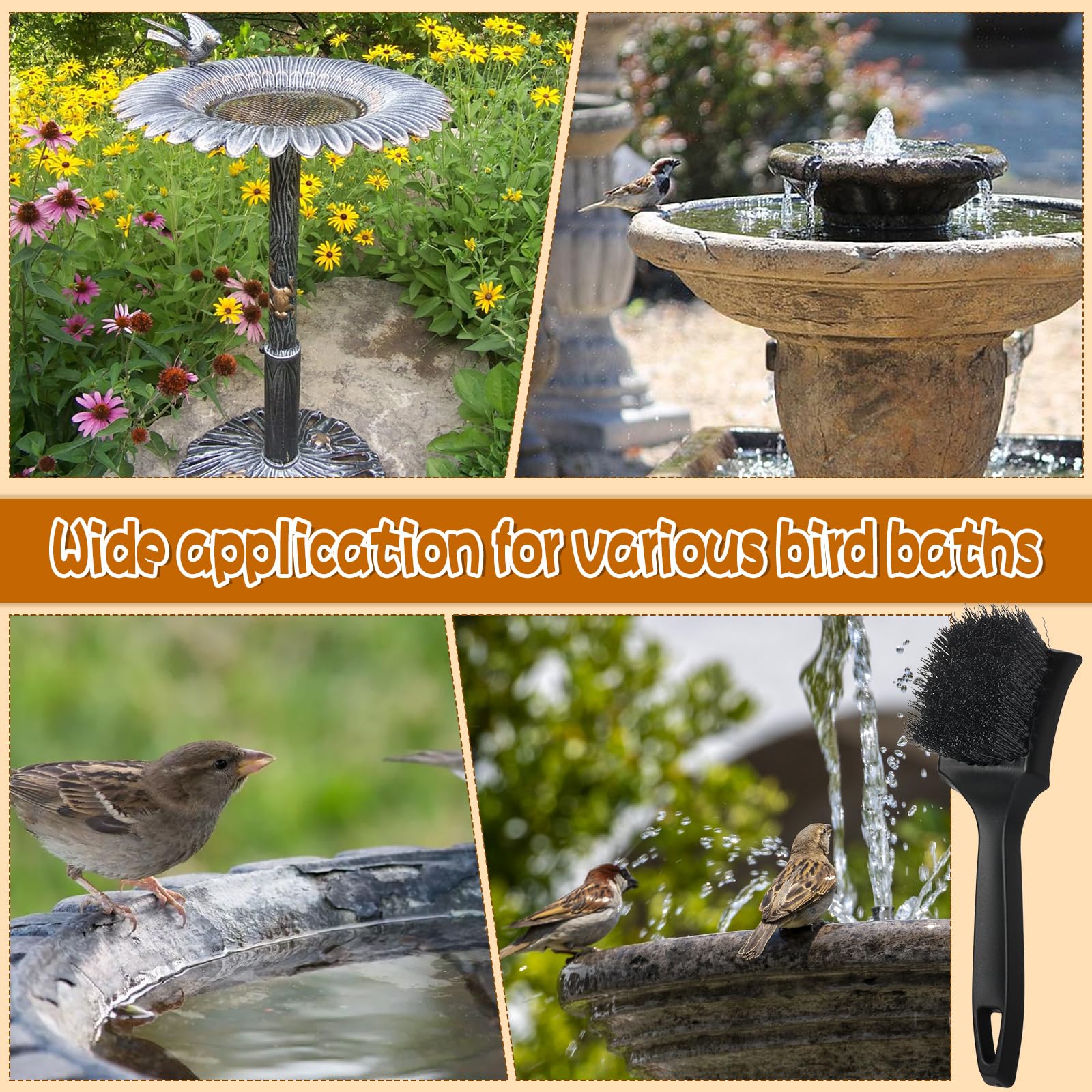HFYZZ 2 Pcs Brush for Bird Baths Black Hard Bristle Cleaning Brush with Ergonomic Handle Utility Bird Bath Cleaner for Bird Feeder Bath Accessories Fountain Outdoor Cleaning