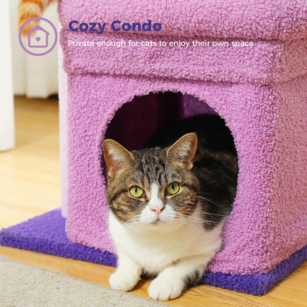 PEQULTI Indoor Cat Tree Tower Small Cats, Sisal Post & Cozy Condo, Purple