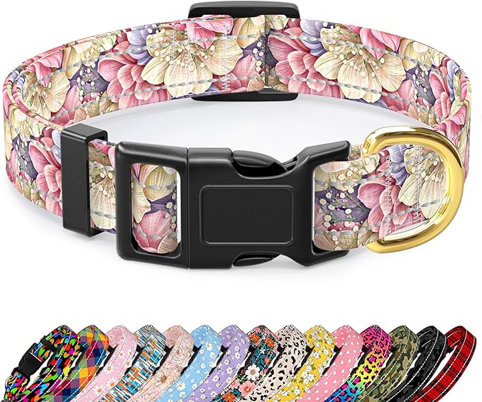 TMOODEL Reflective Dog Collar for Small Dogs, Cute Flower Theme Adjustable Heavy-Duty Nylon Puppy Collar for Boy and Girl Female, Soft Pet Accessories with Quick Release Buckle, Colorful Floral