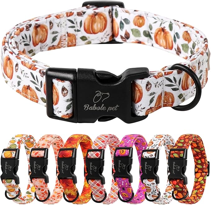 Babole Pet Fall Dog Collar, Cute Orange Pumpkin Pattern Puppy Collar, Soft Comfort Adjustable Holiday Thanksgiving Dog Collars for Small Medium Large Boy&Girl Dogs L