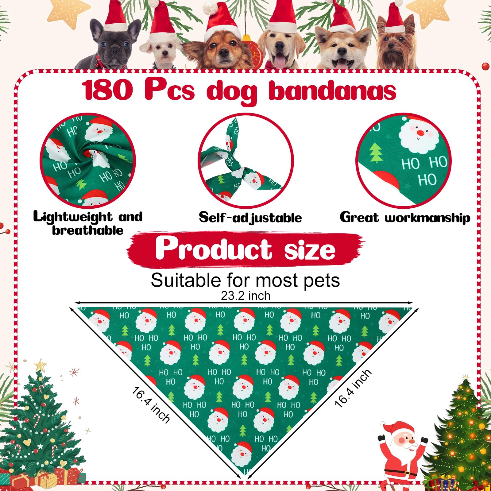 Aliceset 180 Pcs Christmas Dog Bandanas Bulk Christmas Bandanas for Dogs Adjustable Washable Pet Triangle Scarf Cute Kerchief Scarves for Pet Xmas Party Costume Accessories Decorations