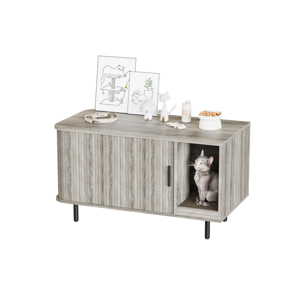 Halitaa 37.4" Cat Litter Box Enclosure with Scratch Pad, Sliding Door