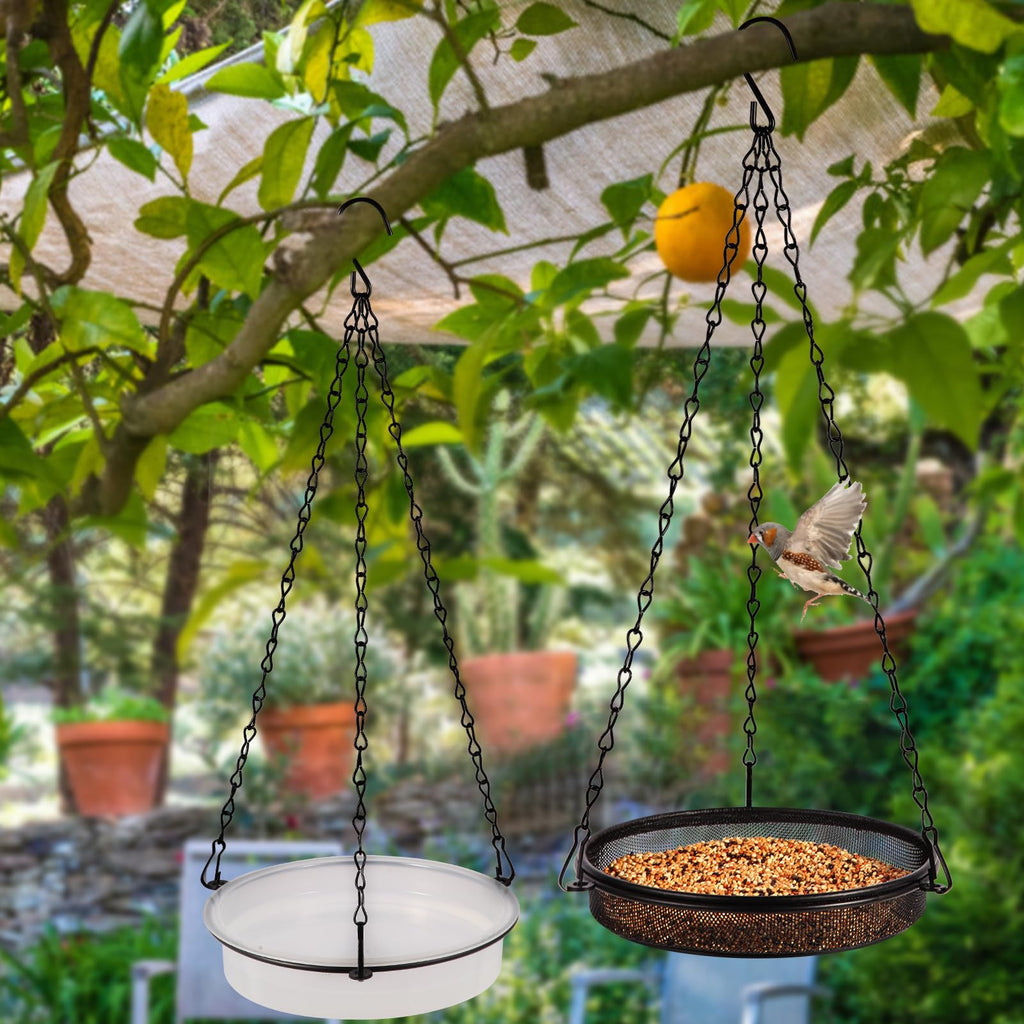 HRAYLTOP 2-in-1 Set Hanging Bird Feeder and Bath for Outdoor, Small Metal Tray Perfect for Attracting Bird