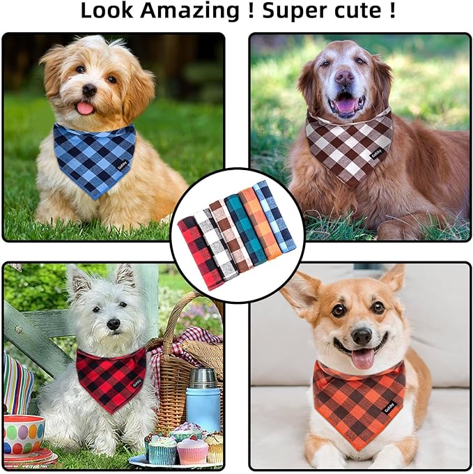 Gofshy Boy Dog Bandana Large- Blue Black Dog Scarf Buffalo Plaid Printing Adjustable Bib Handkerchief Accessories for Medium Large Dogs (L)