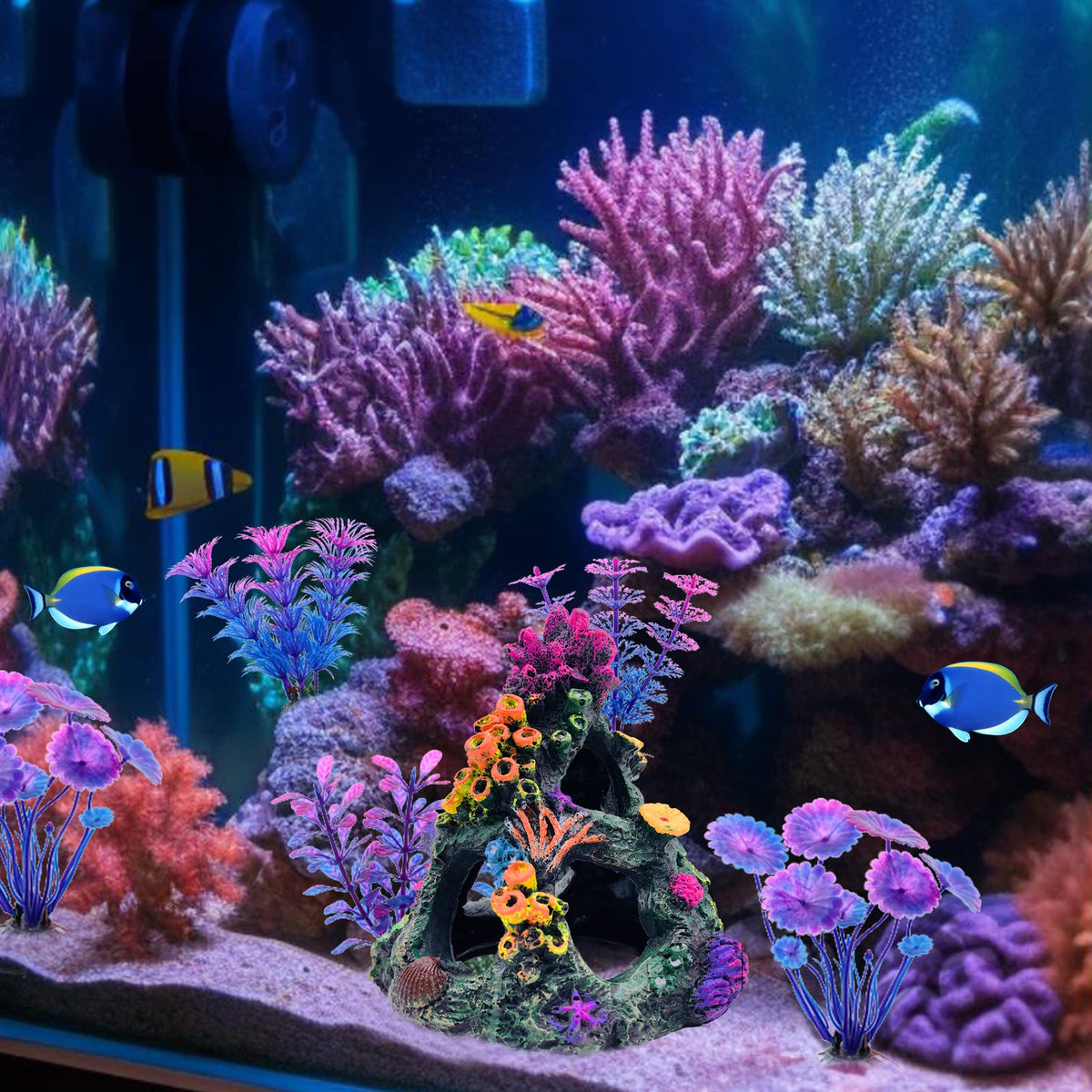 GSD Aquarium Colorful Coral Reef Set Fish Tank Decoration Mountain Ornament for Aquarium Environments Decor Accessories, Coral Mountain x 1, Aquatic Plant x 4