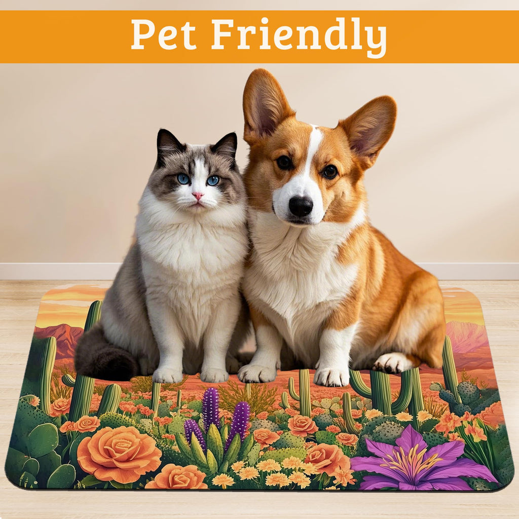 Pet Feeding Mat,Cactus Absorbent Dog Cat Food Mat Desert Dog Mat with Rubber Backing,Non-Slip Water Bowl Placemat,Pet Supplies 16" x 24"