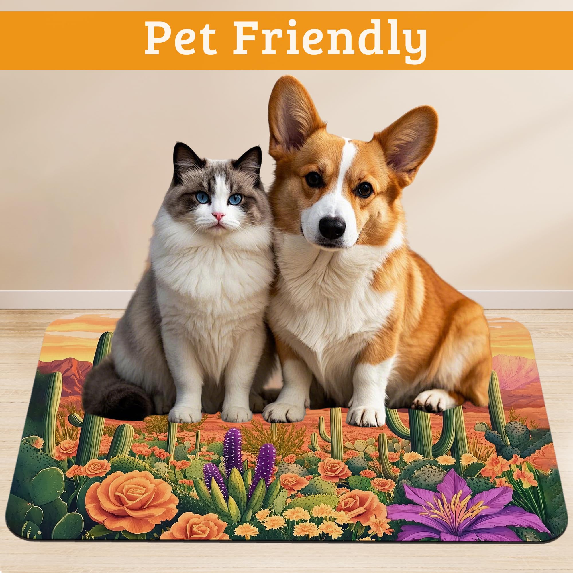 Pet Feeding Mat,Cactus Absorbent Dog Cat Food Mat Desert Dog Mat with Rubber Backing,Non-Slip Water Bowl Placemat,Pet Supplies 16" x 24"