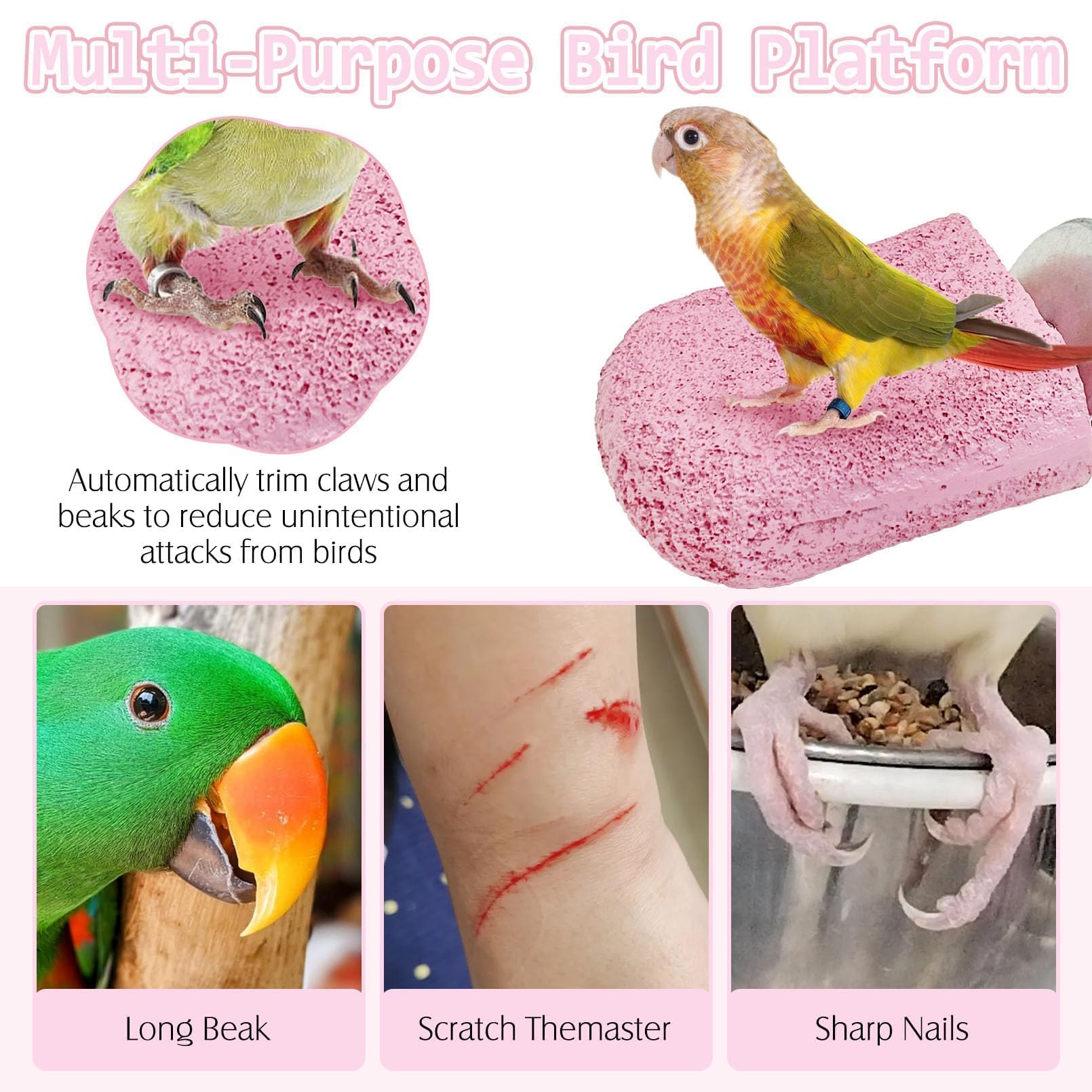 PINVNBY 5 Pack Bird Perch Resin Bird Beak Grinding Stone Parrot Cage Stand Platform Foot Claws Trimmer Chew Toy Cage Accessories for Budgie Cockatiel Conure Lovebird Finch (Pink)