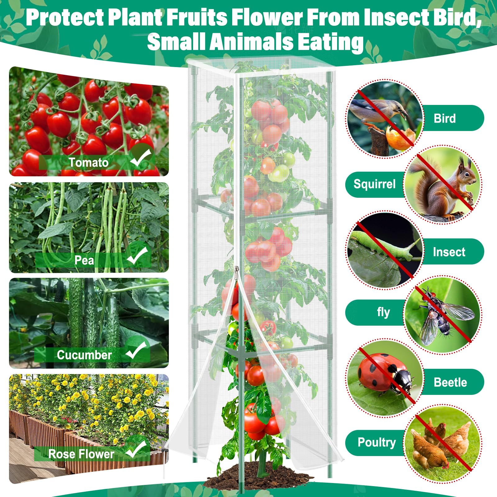 3 Pack Garden Bird Netting Plant Cover for Square Tomato Cage,14.6"x14.6"x51.2" Insect Bird Barrier Tomato Cage Net with Zipper Drawstring,Tomato Trellis Netting Protection Cover for Protecting Plants