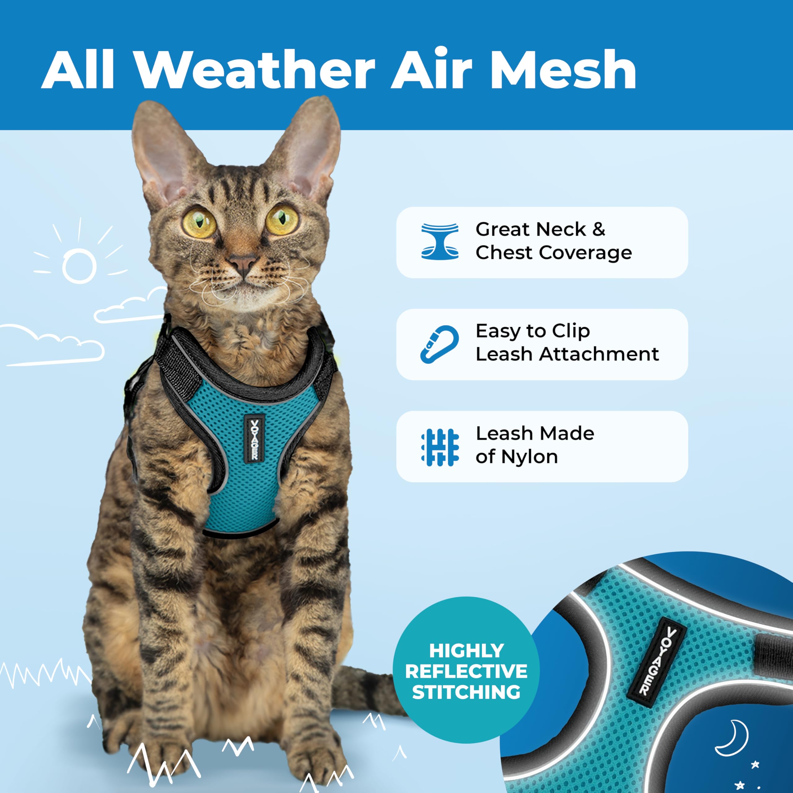 Voyager Escape-Proof Step-in Lock Cat Harness & 5ft Neoprene-Handle Leash Set All-Weather Mesh with Reflective Stitching for Small to Large Cats by Best Pet Supplies, Black Trim-Turquoise (327), XS