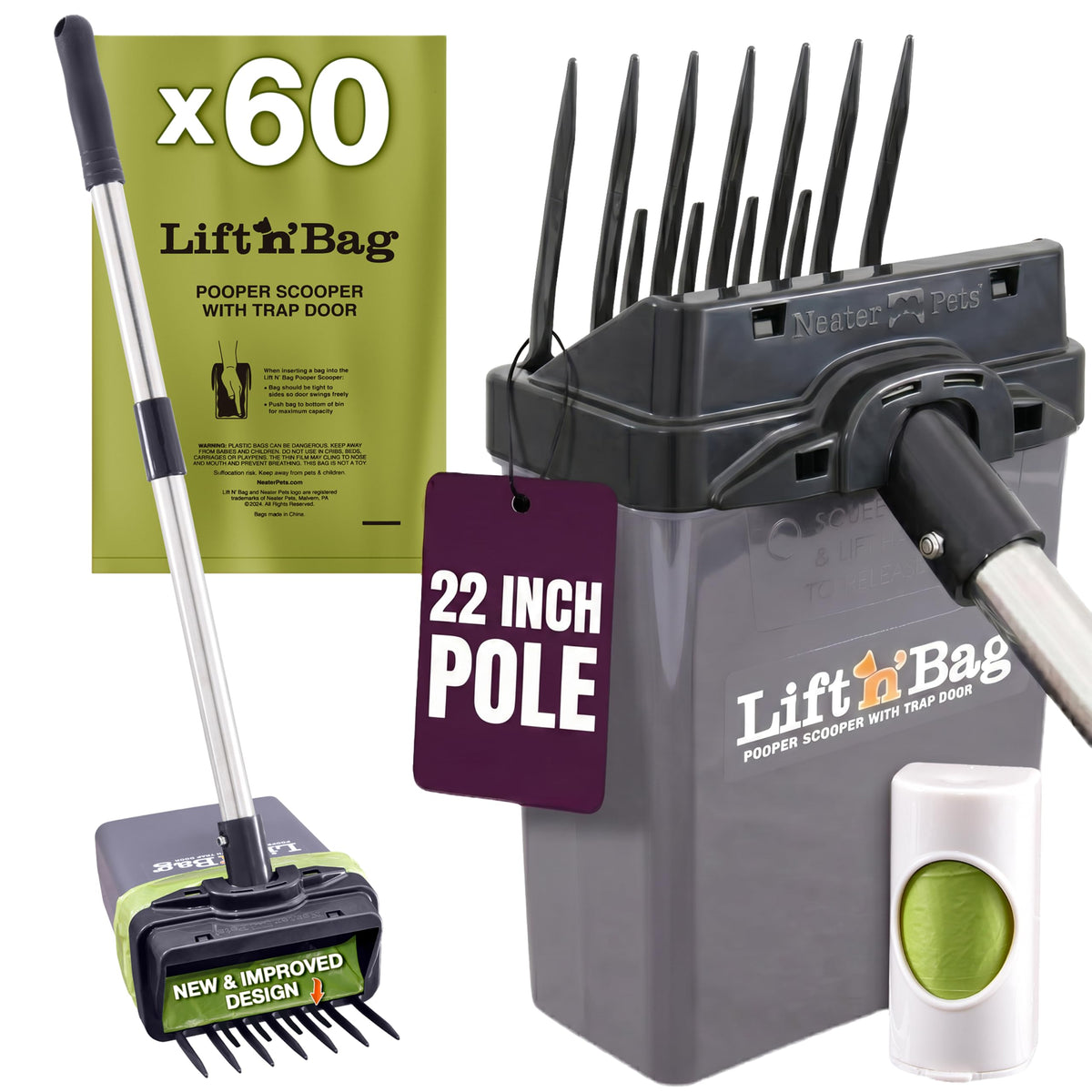 Neater Pet Brands Lift N' Bag Dog Pooper Scooper with 22" Pole, 15 Bags