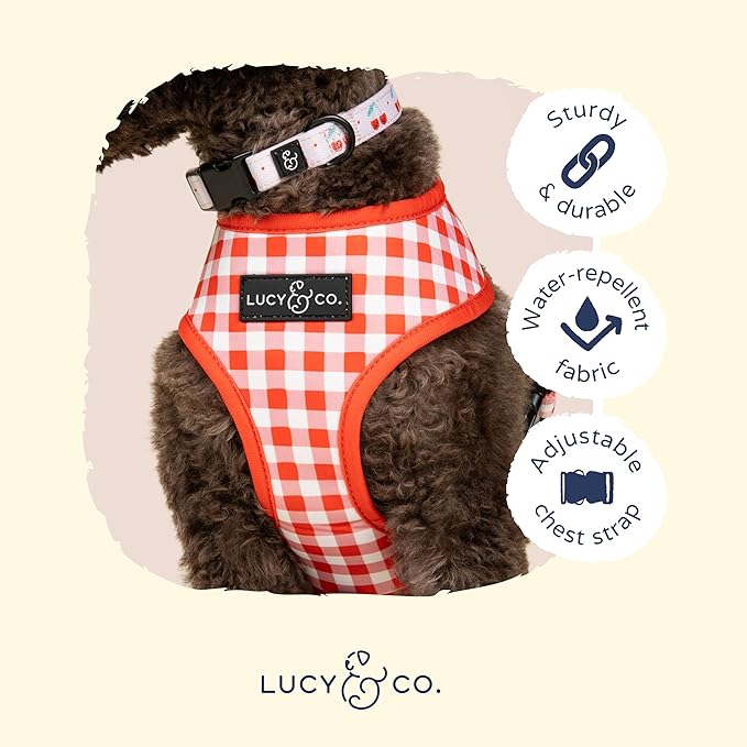 Lucy & Co. Reversible Dog Harness - Water-Repellent Neoprene, Dual-Print Design, Easy Swap Style, Adjustable Comfort Fit - Cheery Cherries Reversible Harness - X-Large