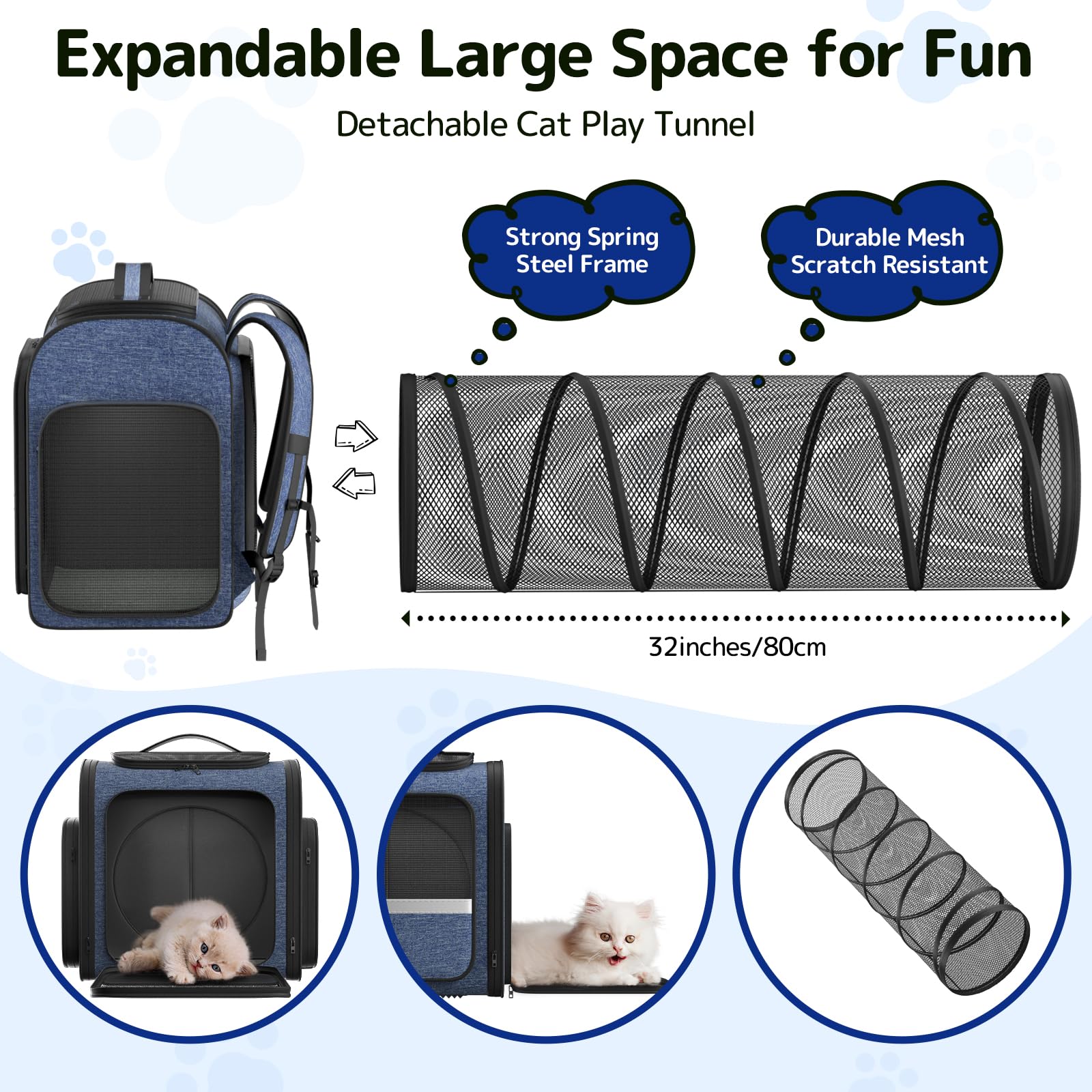 Pawtners Cat Backpack with Play Tunnel, Design for Carrying Playing Blue