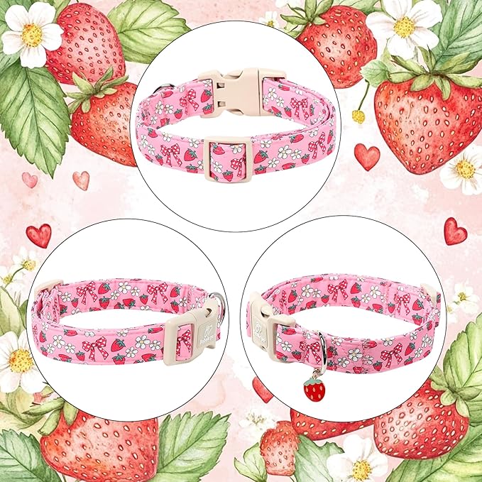 Babole Pet Strawberry Bow Dog Collar for Puppy Small Dogs - Cute Pink Spring/Summer Girl Dog Collars, Lightweight Adjustable Female Girly Dogs Collars with Quick Release Buckle XS