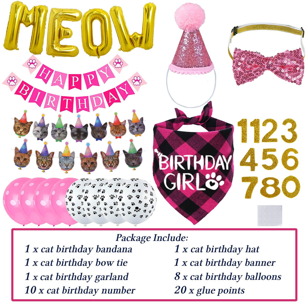 STMK Cat Birthday Party Supplies, Cat Birthday Hat Bandana Bow Tie Collar Number Banner Garland Meow Letter Balloons for Cats Kitten Outfits Decorations (Pink)
