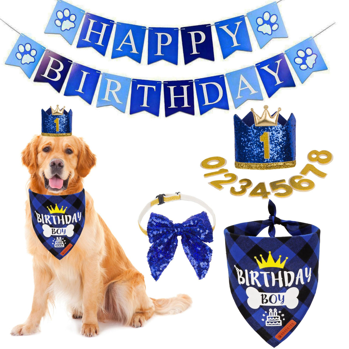 ADOGGYGO Dog Birthday Hat Bandana Bow Tie Set, Navy Blue, Large