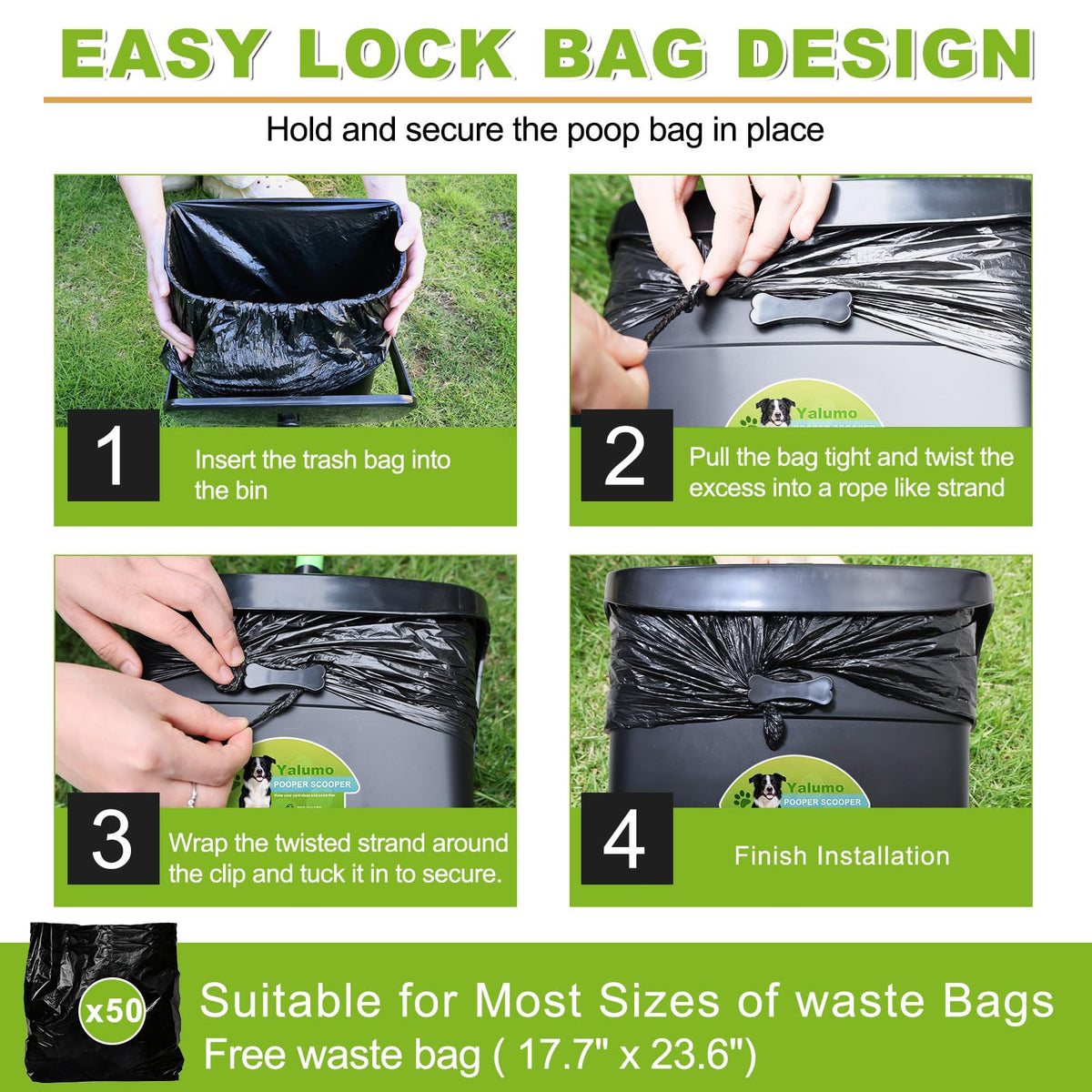Yalumo Pooper Scooper Swivel Bin & Rake with 50 Waste Bags, 38" Long Adjustable Handle Dog Poop Scooper for Yard Large Medium Small Dog, Easy to Clean Pet Waste Use on Grass, Dirt, Concrete or Gravel