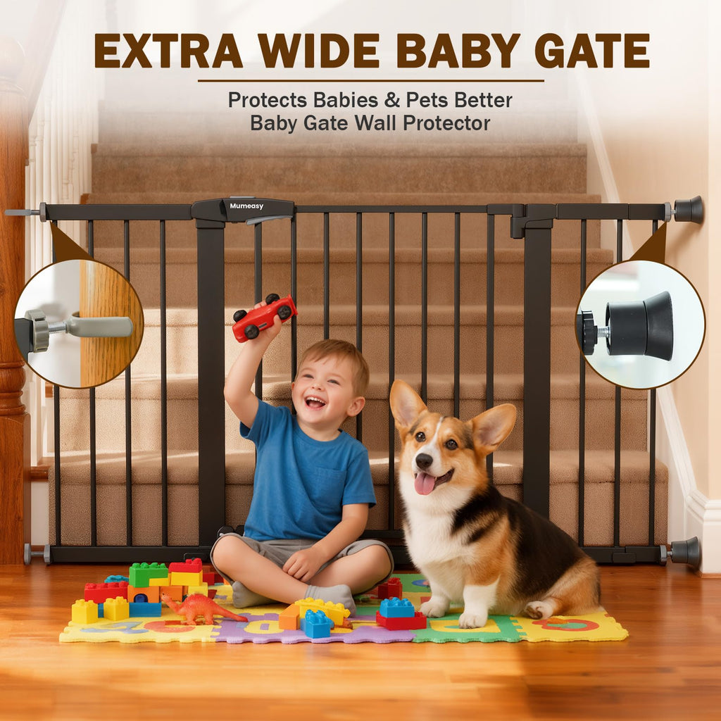 Mumeasy 29.7–51 Inch Extra Wide Baby Gate for Stairs, Extra Long Indoor Dog Gate for Doorways, Pressure Mounted Walk Thru Child Gate with Auto-Close, No-Drill Safety Pet Gate with Door for House,Black
