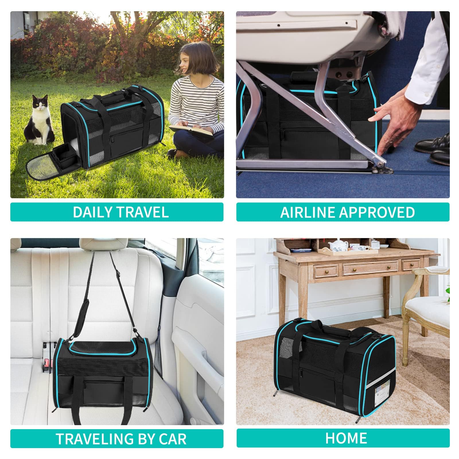 KIAFMOL 17" Cat Carrier Soft-Sided for Cats Under 15 lbs, Black