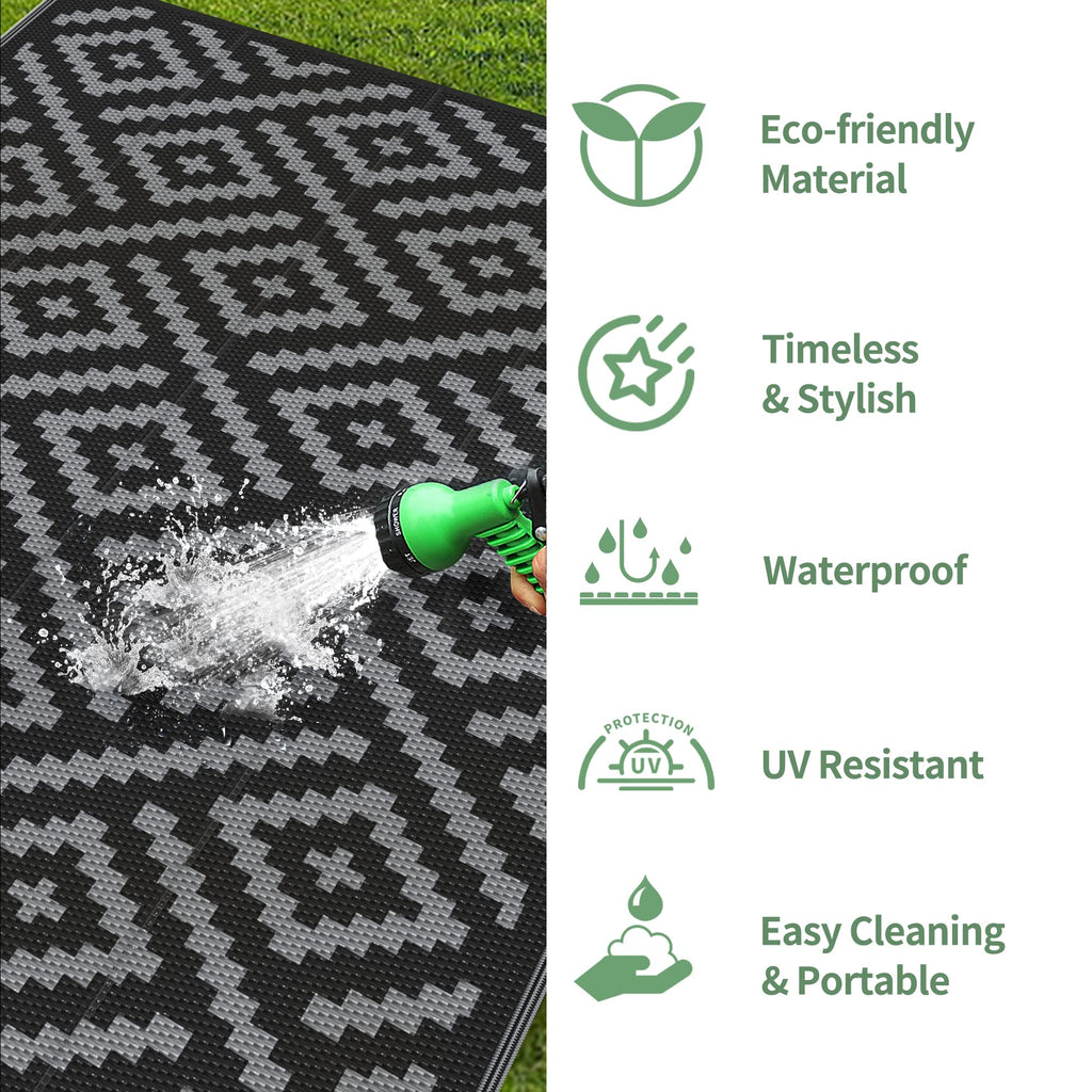 GENIMO Outdoor Rug 4x6 Waterproof, Reversible Mats, Outdoor Area Rug, Plastic Outside Carpet, Eeometric Rv Mat for Patio Camping Rv Picnic Backyard Deck Balcony Porch Beach (Black & Grey)