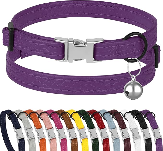 Leather Cat Collar with Buckle and Removable Bell - Non Breakaway Adjustable Soft Safety Small Pet Collars for Girl Boy Cats Kitten (White)