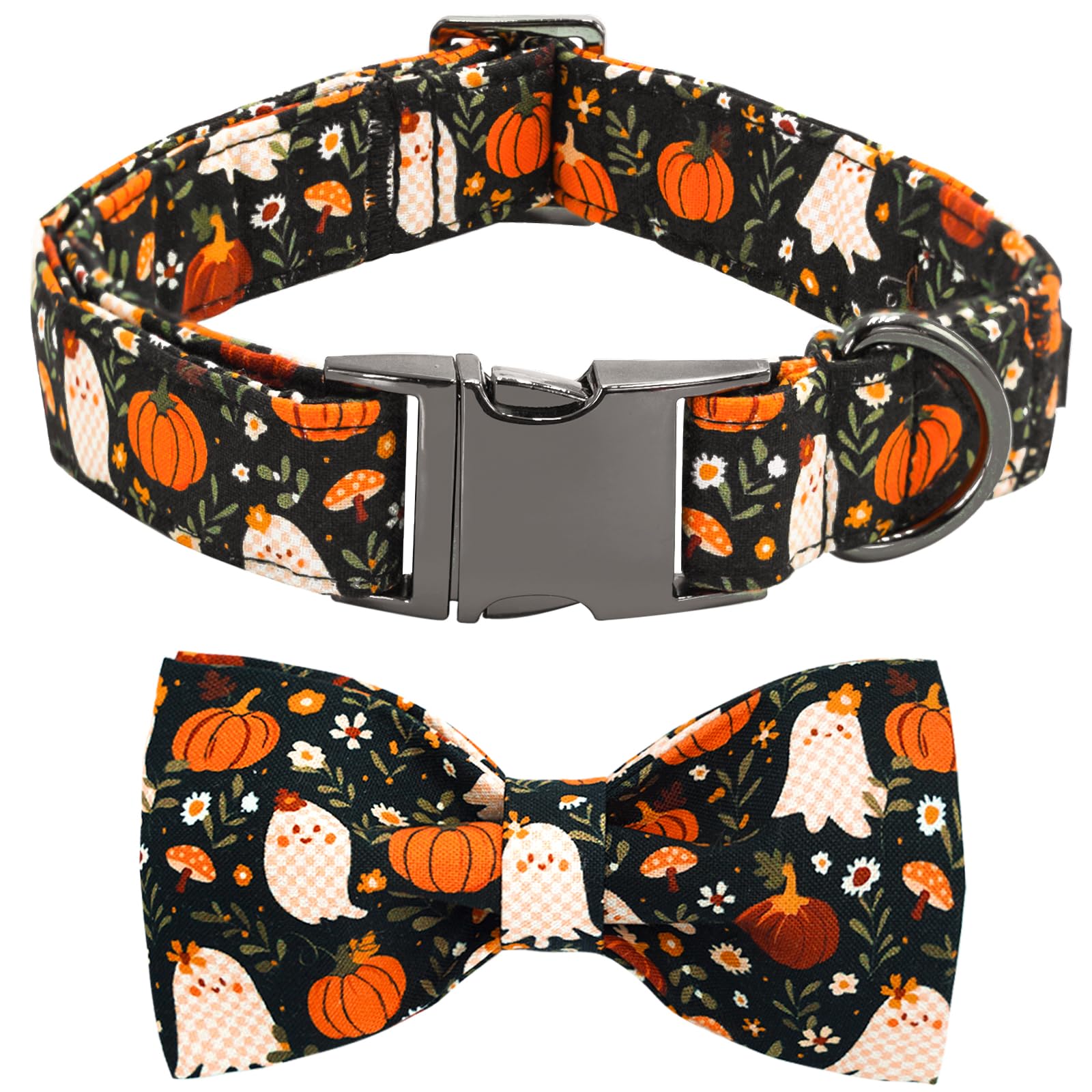 Bobo Rainbow Halloween Dog Collar, Ghost Print Adjustable Pet Collar Fall Pumpkin Cute Cotton Soft Collars with Bow Tie Fall Metal Buckle Holiday Puppy Collars Boy&Girl Gift for Medium Dogs