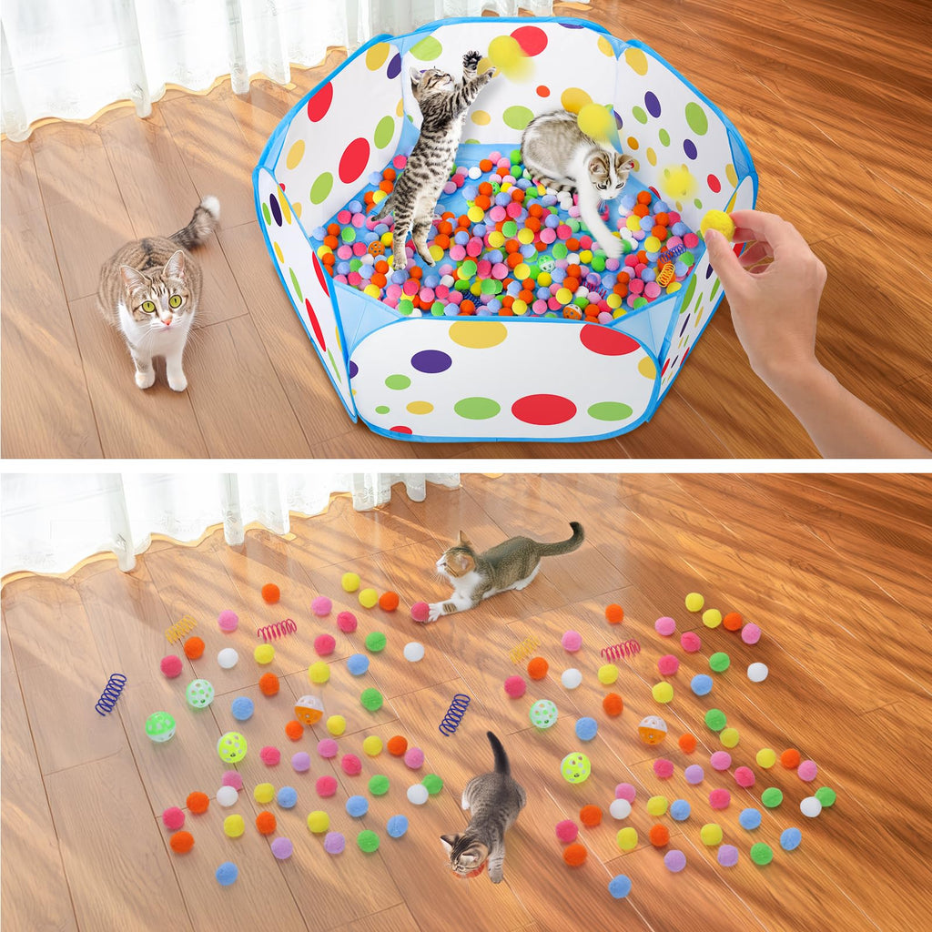 Palksky Ball Pit with 210 Toy Balls and 4 Spring Toys - Interactive Cat Toys for Bored Indoor Cats Self Play, Enrichment Toy for Fun and Exercise