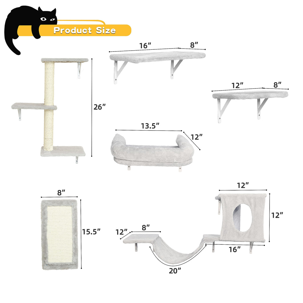 NUNU LAB Wall Mounted Cat Furniture Set - 6 Pcs Climber Set with House, Bridge, Steps, Scratcher Board - DIY Walls Playground, Indoor Cat Shelves - Gray