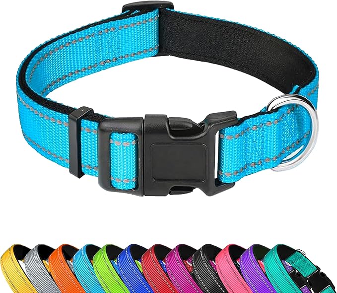 PWOD Reflective Dog Collar, Adjustable Soft Neoprene Padded Nylon Pet Collars with Buckle for Medium Dogs, Sky Blue,M