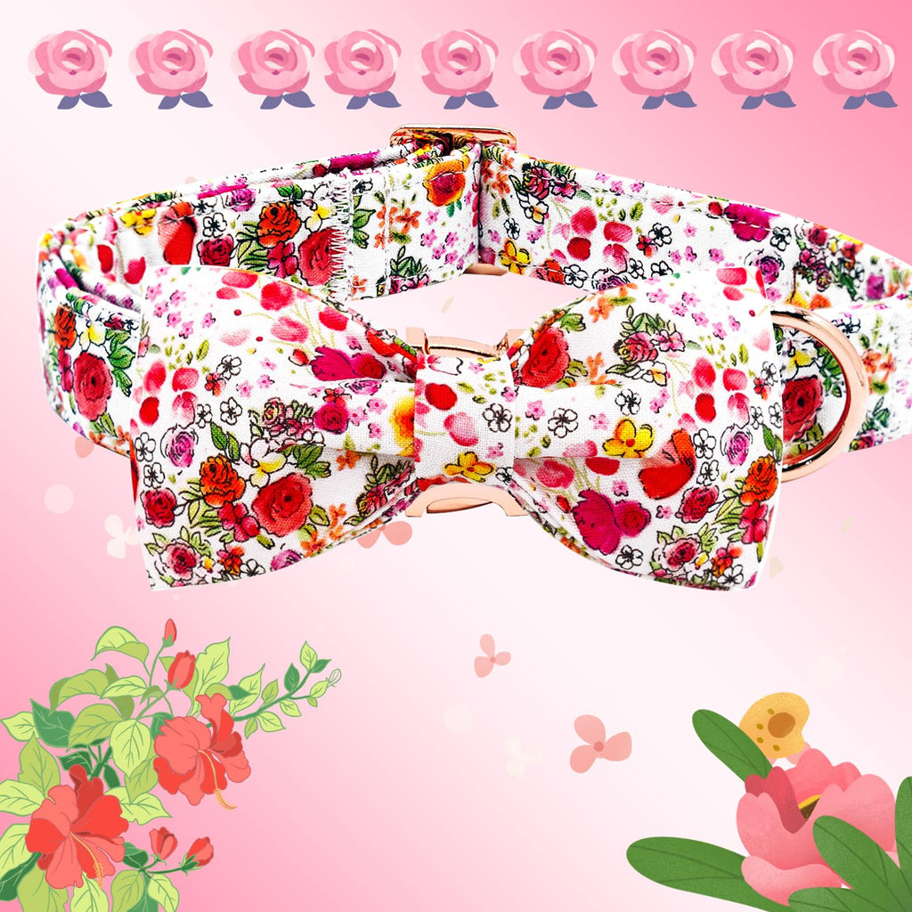 Elegant little tail Dog Collar, Pink Rose Print Pet Collar Summer Dog Collar Durable Metal Buckle Dog Collars Cotton Pet Adjustable Dog Collars for X-Small Dogs