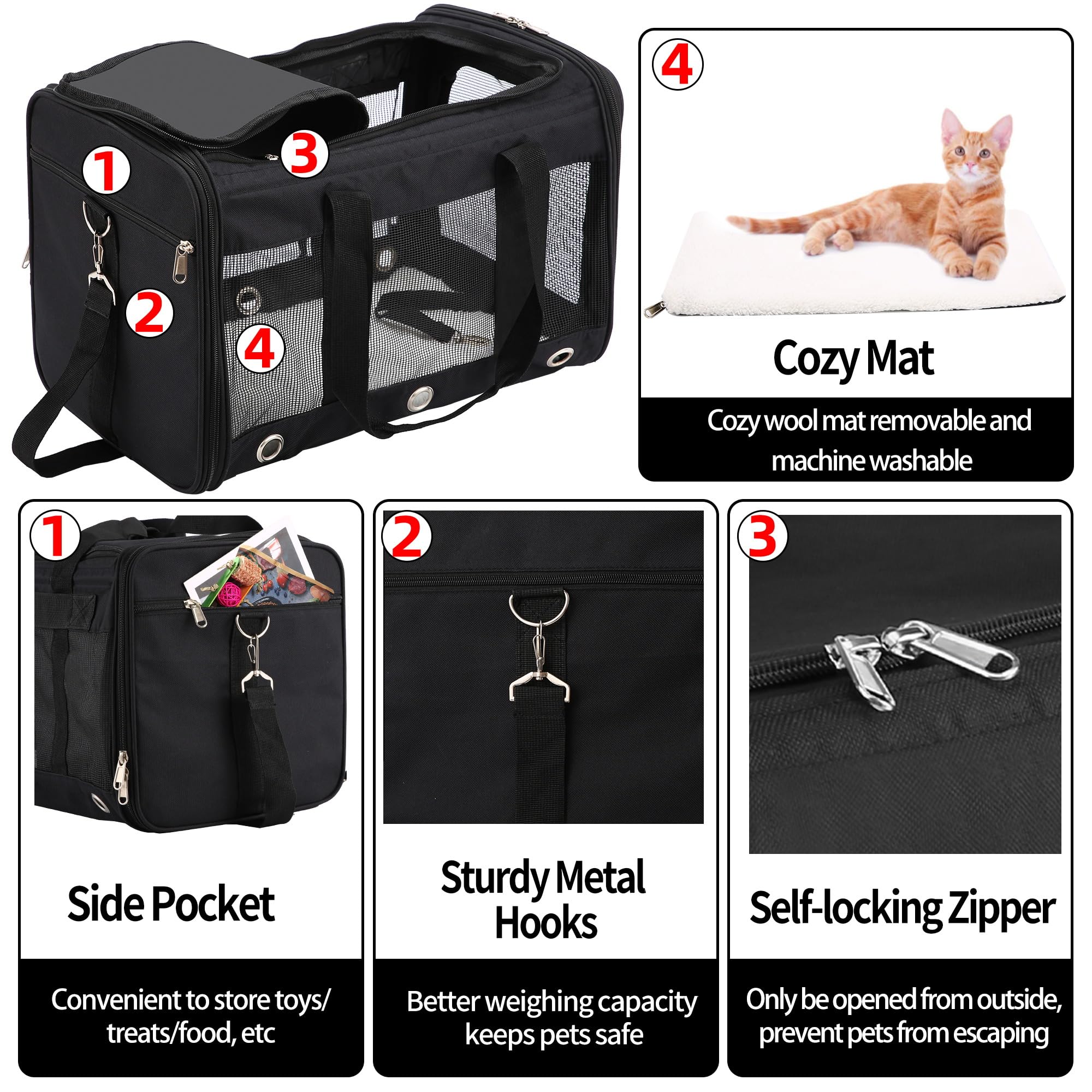 Soft Sided Cat/Dog Carrier,Collapsible Pets Travel Carriers for Pet/Puppy with Shoulder Strap & Removable Mat,Mesh Top Load Small Dogs/Cats Carry Bag Up to 17 Lbs TSA Airline Approved（Black,M）