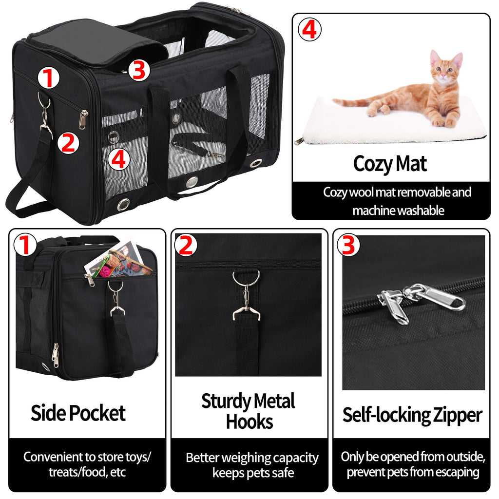 Soft Sided Cat/Dog Carrier,Collapsible Pets Travel Carriers for Pet/Puppy with Shoulder Strap & Removable Mat,Mesh Top Load Small Dogs/Cats Carry Bag Up to 17 Lbs TSA Airline Approved（Black,M）