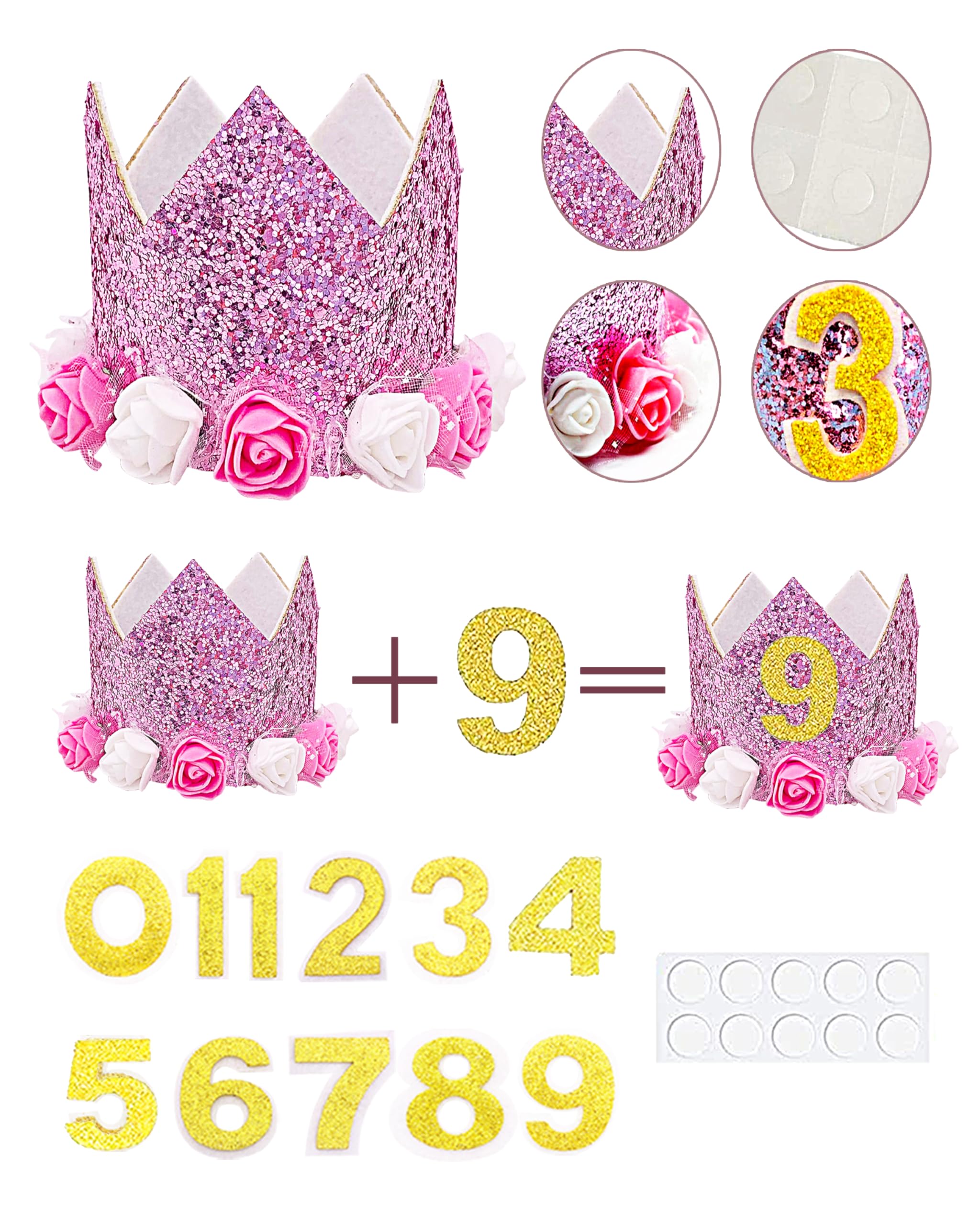 PET SHOW Pink Floral Hat, Bandana & Collar Bows Charms Set - Dog, Cat, Rabbit, Pig Birthday Gift - Reusable Adjustable Hat with 0-9 Figures, Pink for Girls - Apparel