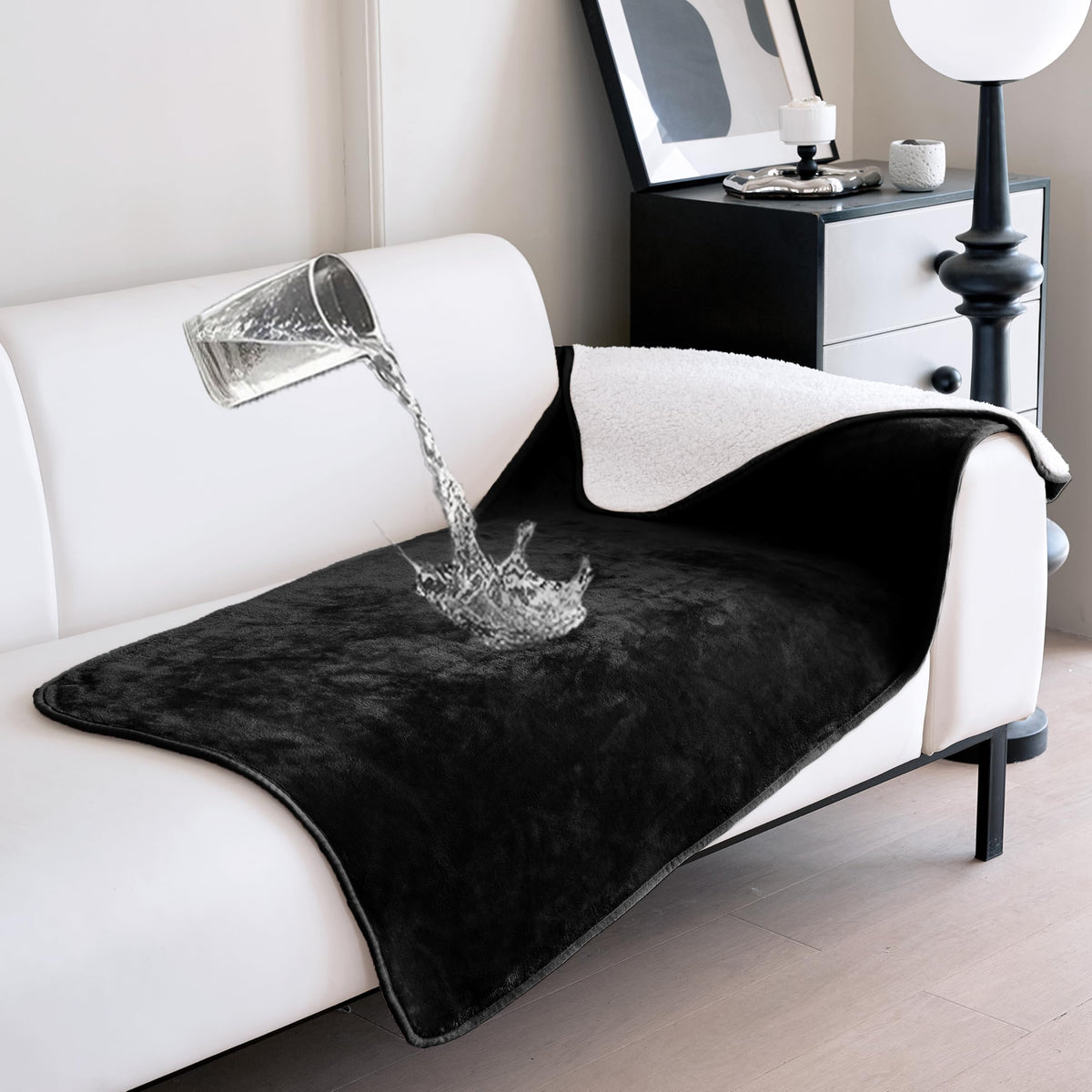 gogobunny Waterproof Bed Blanket, Reversible Sherpa Fleece Throw Blanket for Dog Puppy Cat, Furniture Cover Protects Bed Couch Sofa from Liquid Pee and Pet Fur (Cream, 90x108 inches)
