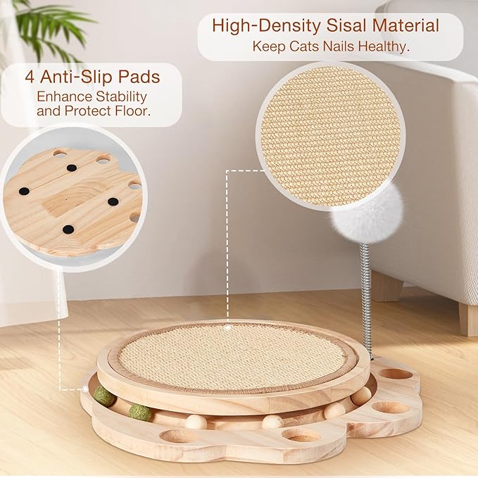 Petjoyi Cat Scratcher-Cat Interactive Toys, Ball Track Toy with Sisal Scratching Pad, 6 Track Balls & 1 Spring Ball – No Assembly Cat Toys and Balls Activity Center for Indoor Cats