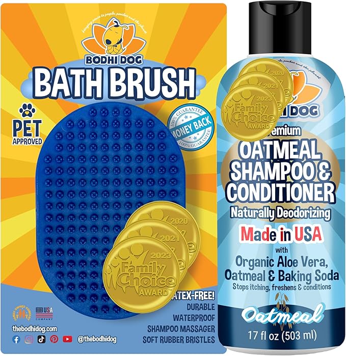 Bodhi Dog Grooming Bundle - Oatmeal Shampoo & Conditioner with Bath Brush for Shower, Showerhead, Sprayer & Bathing - Gentle Care for Long, Short & Curly Hair