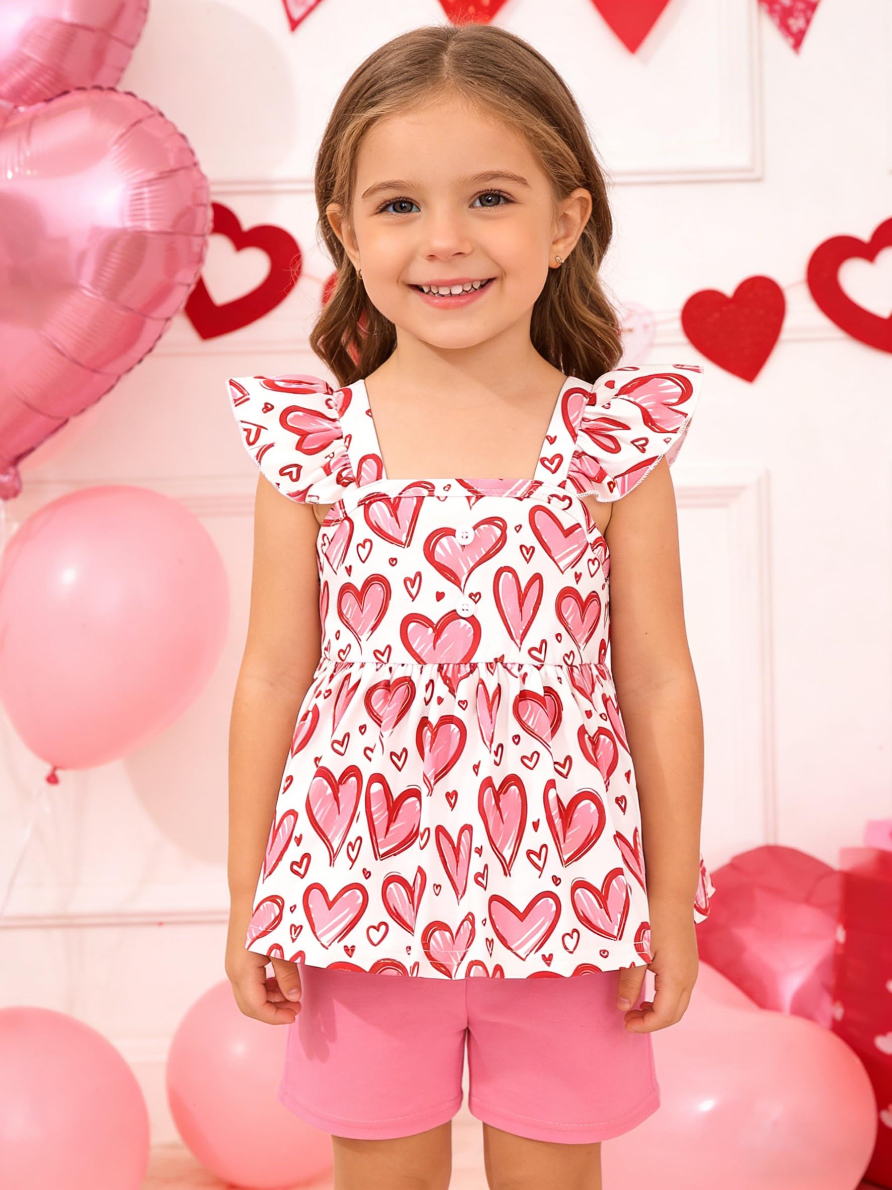 Popshion Girl's Summer 2 Piece Heart Outfits Short Sleeve Ruffle Top and Cute Print Shorts Sets Cute Clothing Set Size 5t/6849