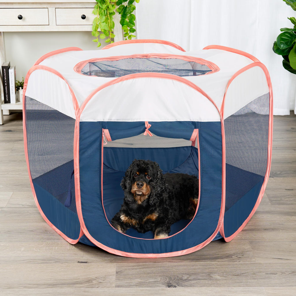 Furhaven Portable Dog Playpen Cat Tent, Pet Playground,Kennel Foldable Indoor Outdoor Zippered Puppy Crate - Navy, Medium