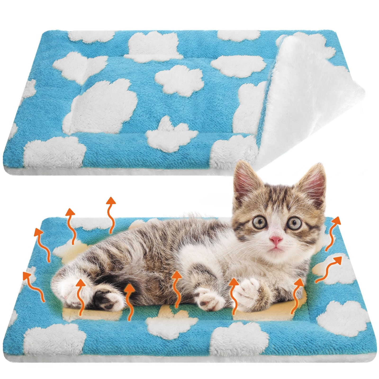VitalCozy 2 Pack Self Warming Cat Mat Self Heating Pad Bed Reversible Machine Washable Reflects Body Heat Warm Thermal Pet Pad Crate Blanket for Feral and Indoor Cat (Blue, White,21" X 14",Clouds)