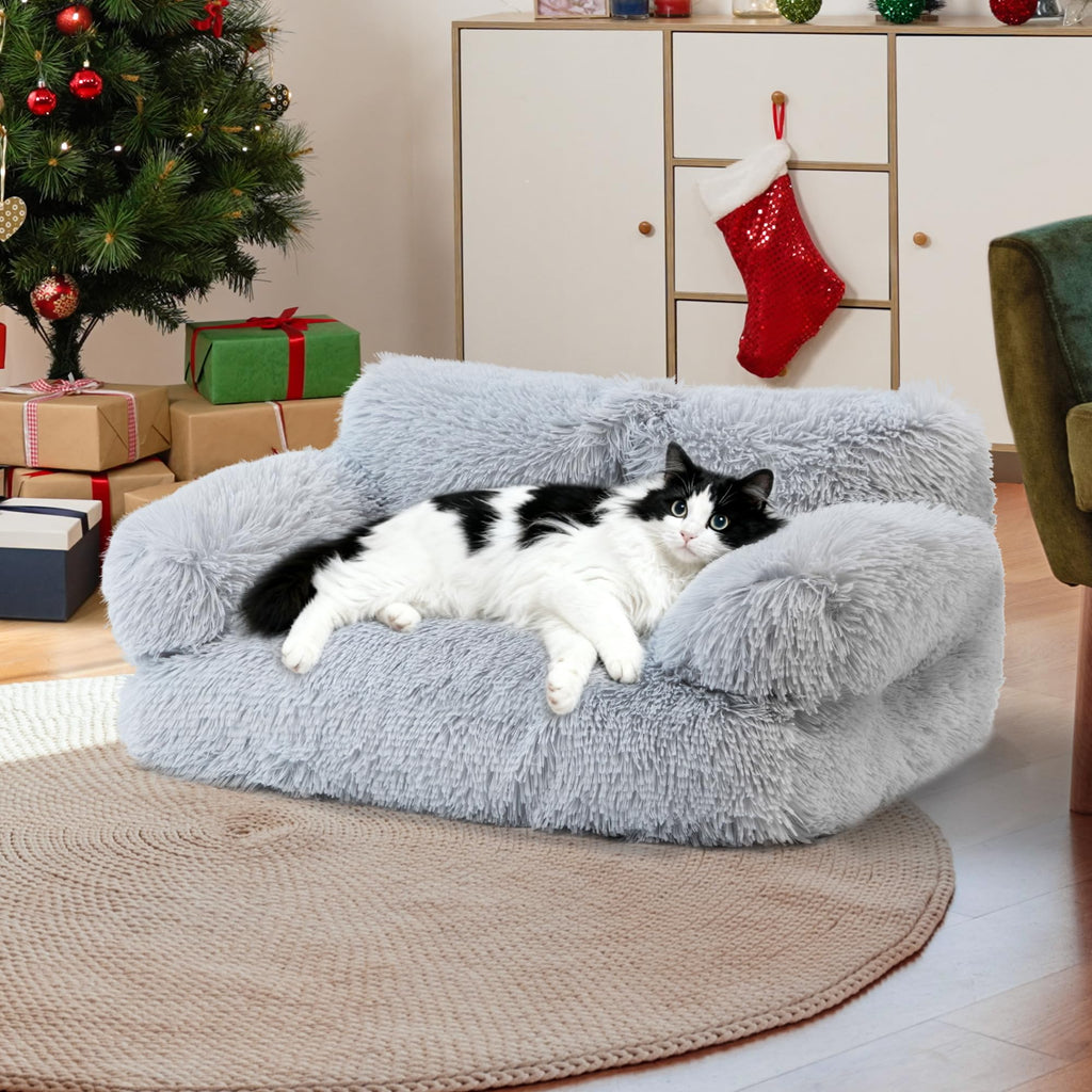 FURMORENE Large Cat Beds for Indoor Cats, Dog Couch Bed, Cute Cat Couch Sofas for Less 20lbs Kitten Puppy, Small Dog Sofas & Chairs with Removable Washable Cover, Warm Pet Furniture, Plush Light Grey