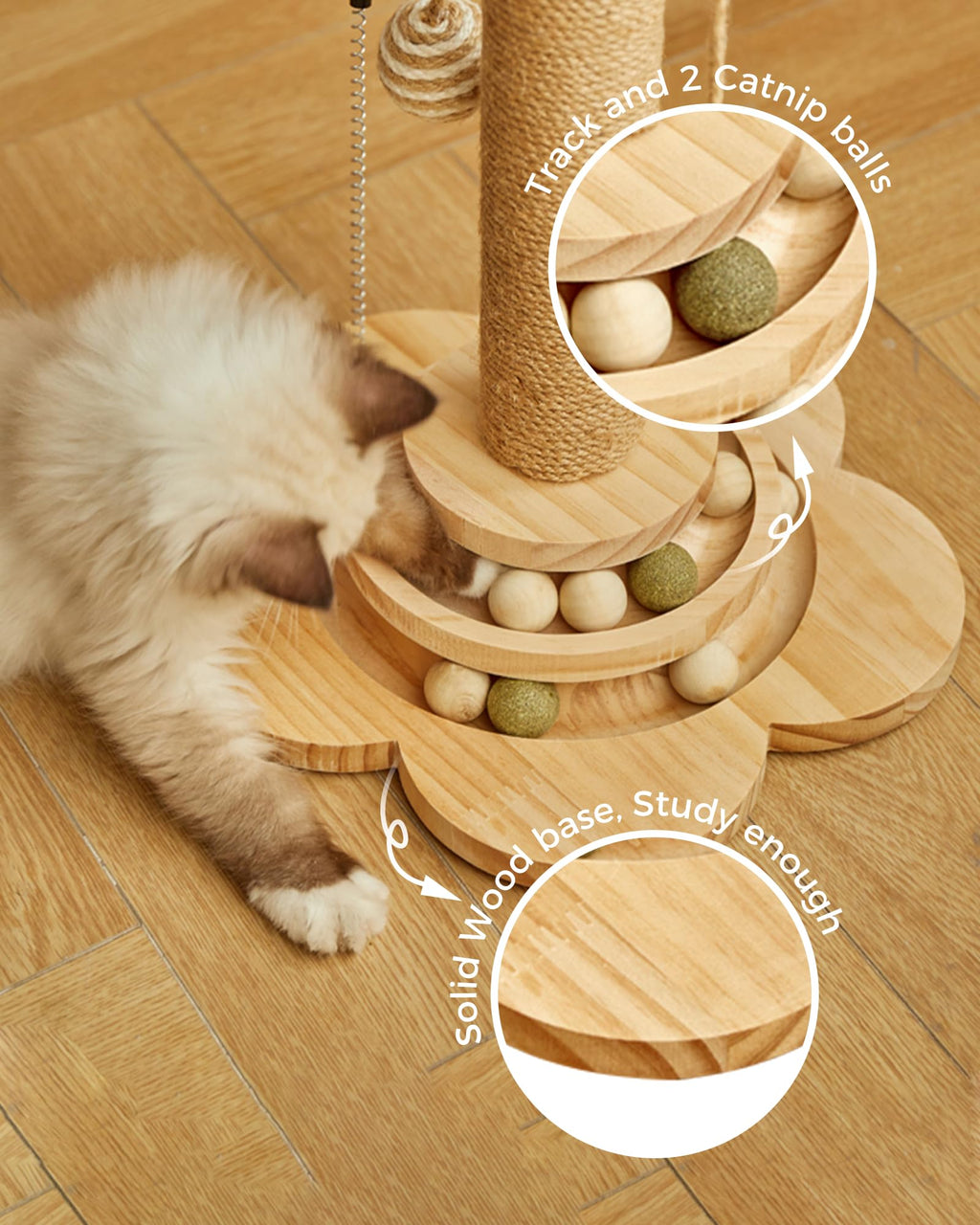 KHALOR Cat Scratching Post for Kittens, 4 in 1 Wooden Cat Scratcher Toy, 17.7" Tall Scratch Post with 2 Level Cat Track Balls, Interactive Feather Toy and 2 Sisal Hanging Balls for Indoor Kittens
