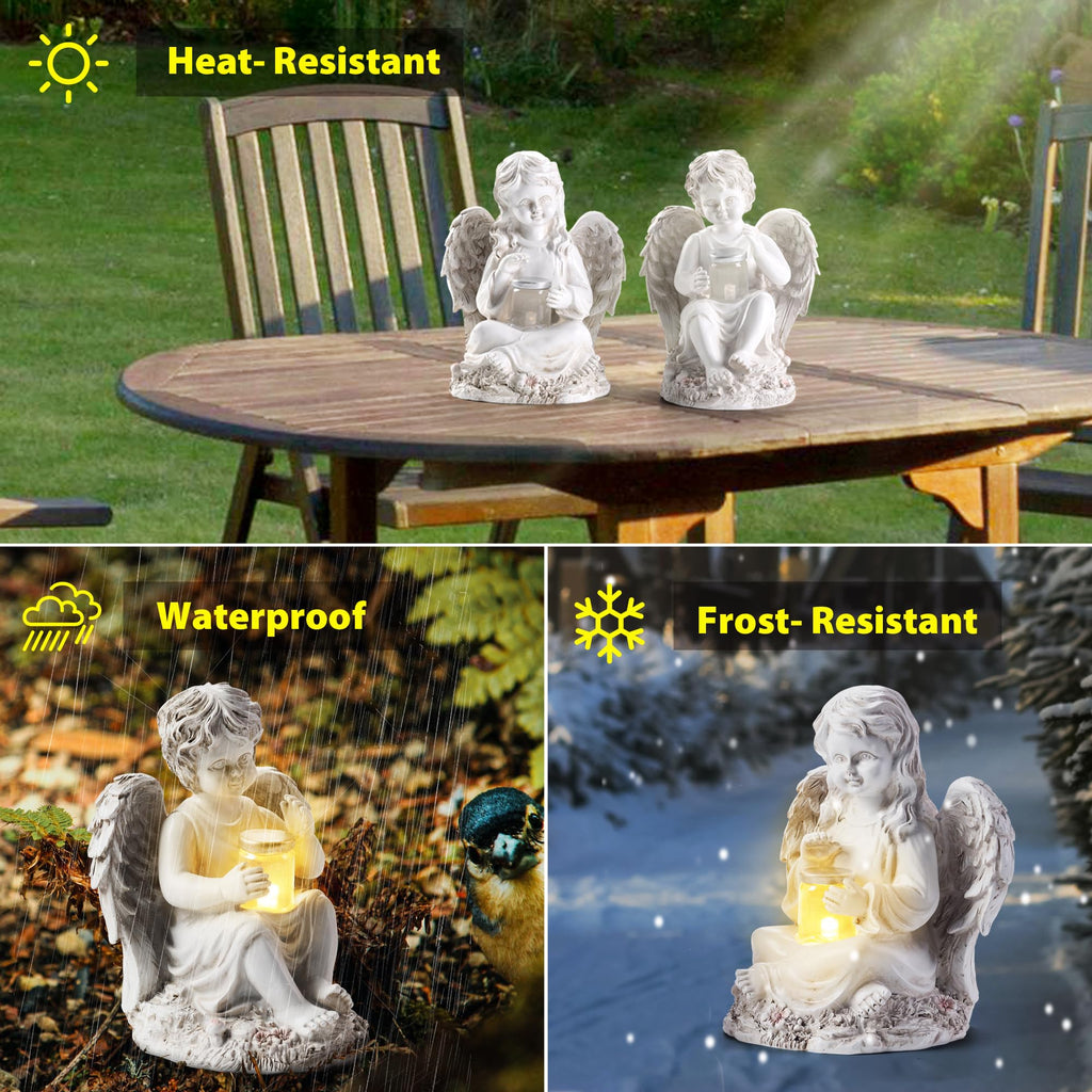 2 Pack Outdoor Angel Statue Garden Decor, Classic Solar Angel Figurine Decoration for Yard Art Indoor Porch Home Lawn Outside Light up Cherub Sculpture Guardian Wings Angel Memorial Gifts Christmas
