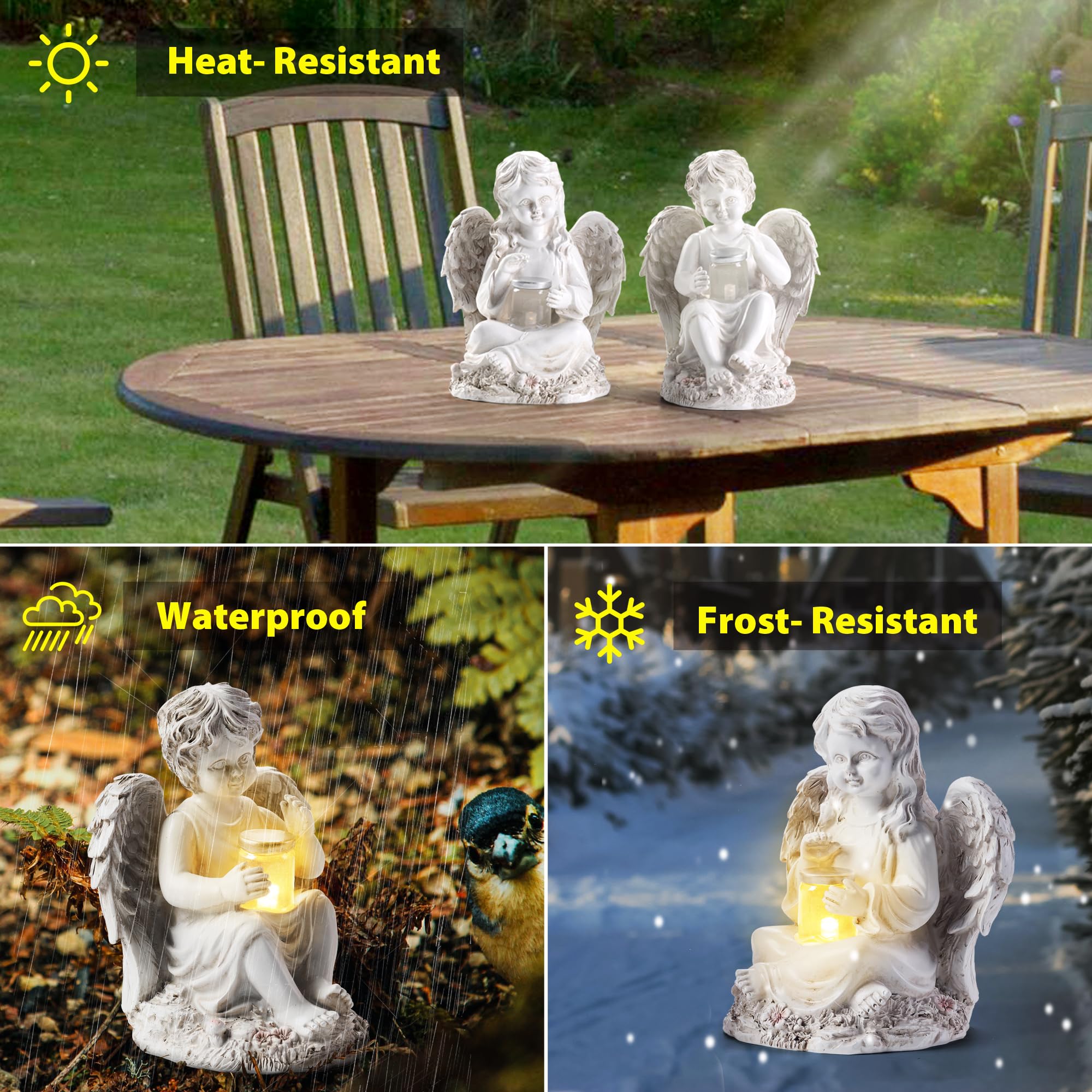 2 Pack Outdoor Angel Statue Garden Decor, Classic Solar Angel Figurine Decoration for Yard Art Indoor Porch Home Lawn Outside Light up Cherub Sculpture Guardian Wings Angel Memorial Gifts Christmas
