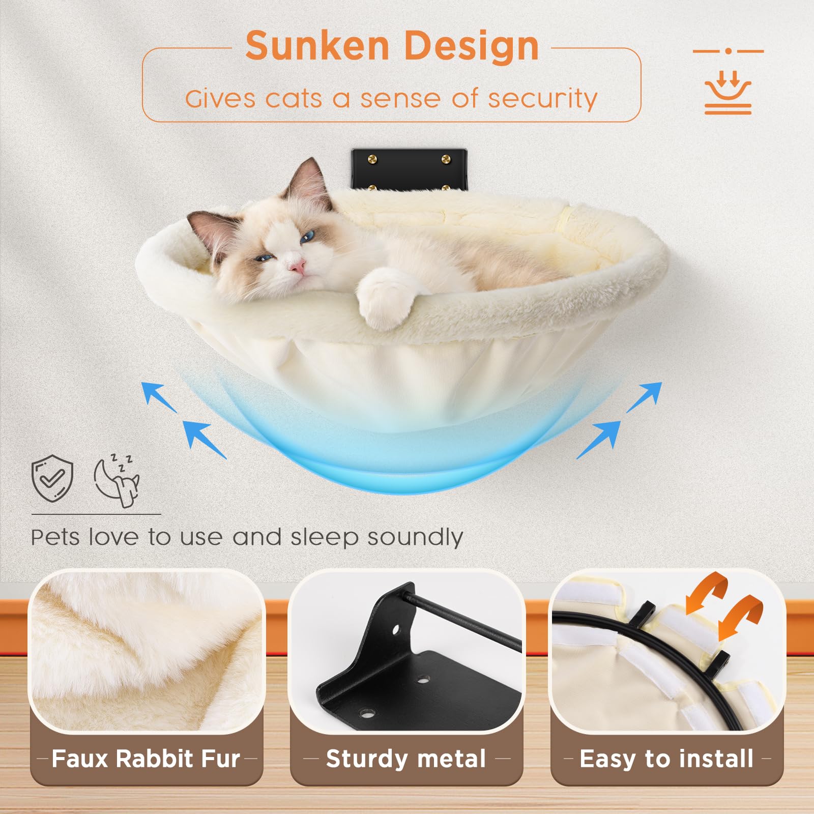 JUNSPOW Cat Hammock Wall Mounted, Foldable & Stable Cat Beds- Breathable Cats Wall Shelves for Sleeping, Playing, Climbing, and Lounging - Maximum Hold Up to 30lb（Cream,Faux Rabbit Fur）