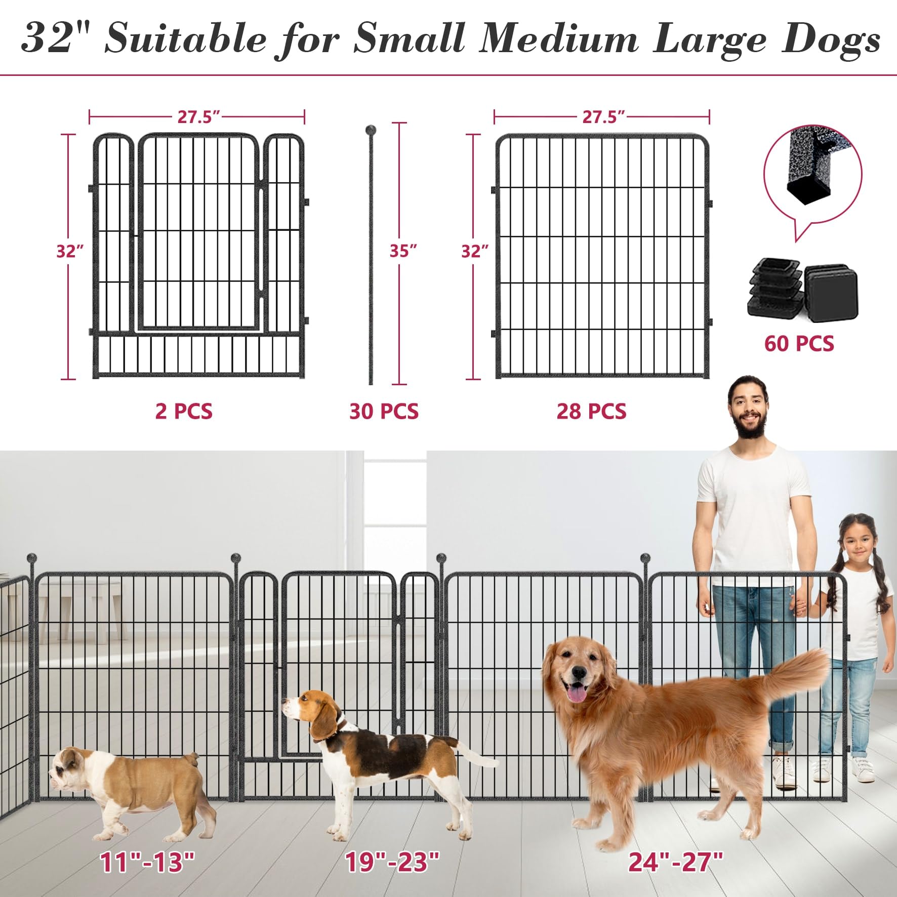 Jhsomdr Dog Playpen 32 inch 30 Panels Indoor Outdoor Dog Pen for Medium/Small Dogs Heavy Duty Metal Dog Fence Outdoor for Yard, Puppy Playpen with Door Portable Pet Fence for RV Camping Yard
